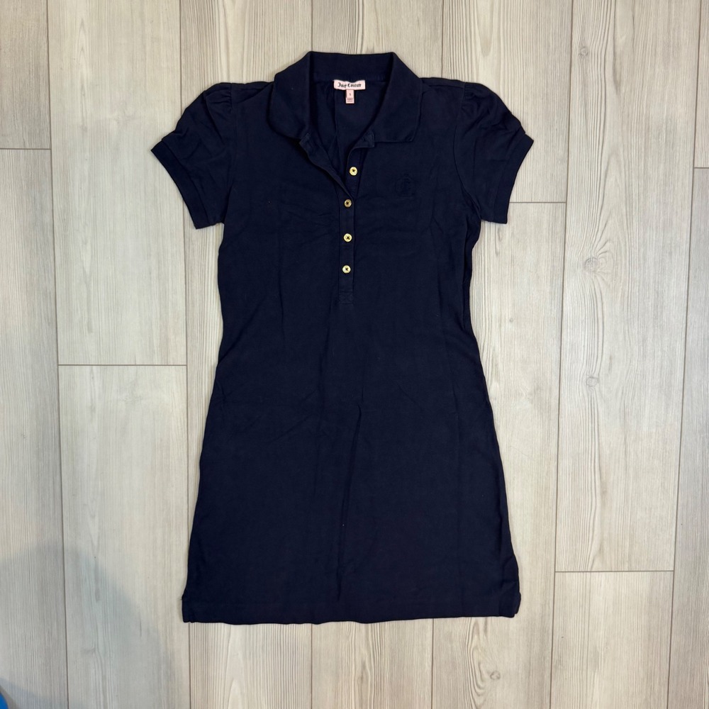 Juicy Couture Navy Blue Cotton Pique Polo‎ Mini Dress Puff Sleeve Gold Buttons S